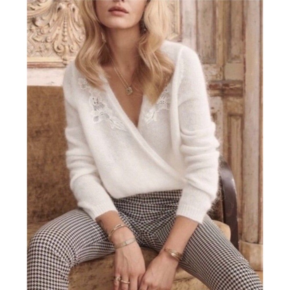 Sezane Timothee Cream Mohair Wool Sweater with Ivory Lace V-Neck Size Small